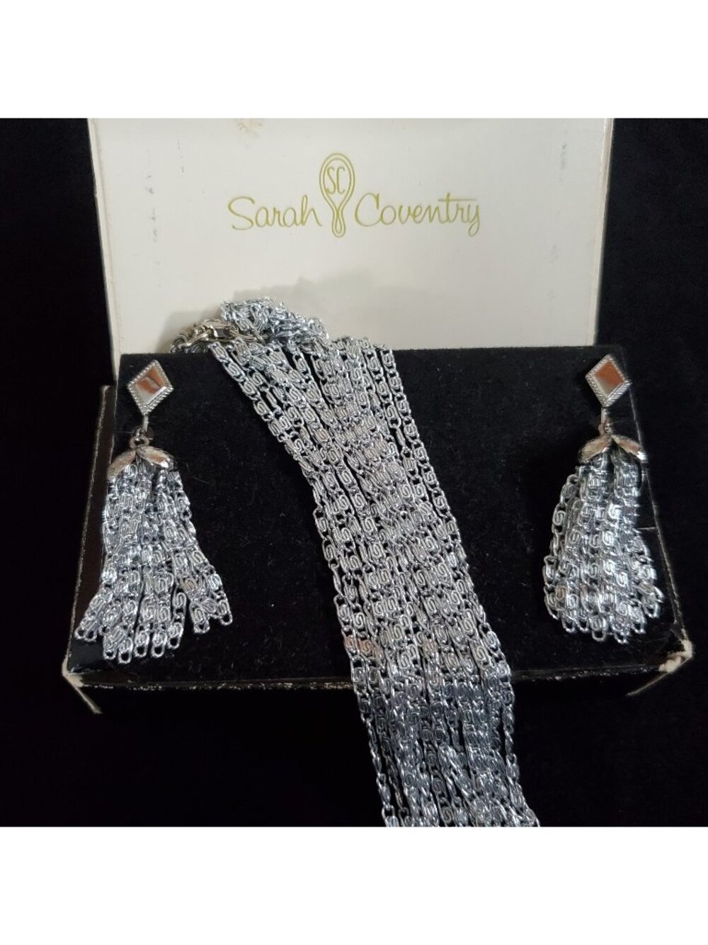 Vintage Sarah Coventry Necklace Earring Set Multi Strand Tassel Silver Tone 18"